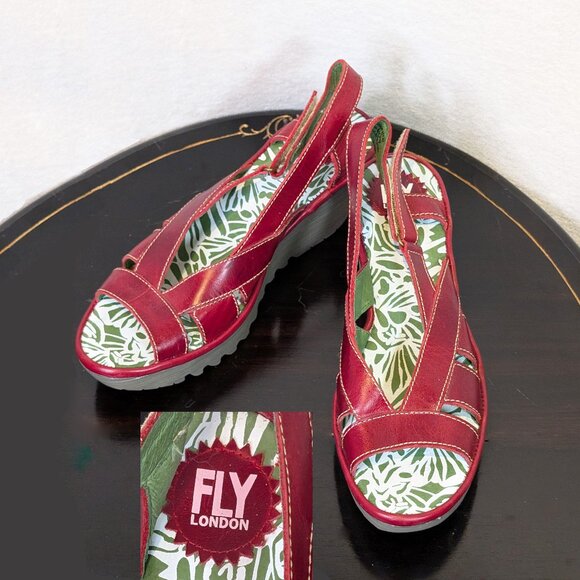 Fly London Red leather Platform Wedge Sandals Size 40 - Picture 1 of 8